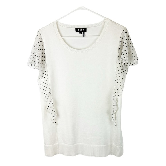 Short Flutter Polka Dot Sleeve Ribbed Hem Mixed Media Lightweight Sweater - Picture 4 of 10